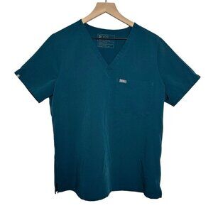 Figs Scrubs Top Women’s Size Large Teal Vneck One Pocket Logo Short Sleeve